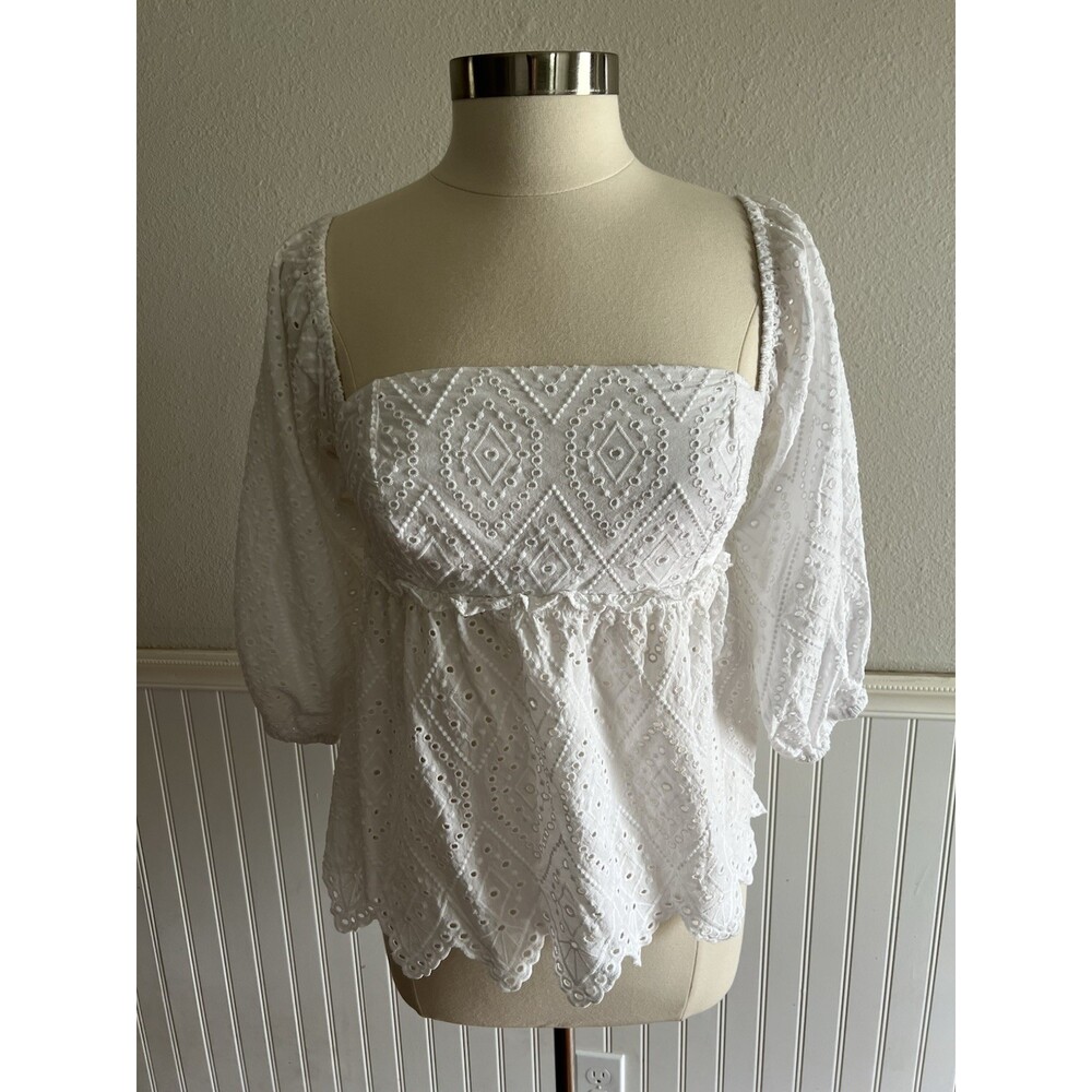 MISA Los Angeles Square Neck Eyelet Top Puff Sleeve Scalloped 100 Cotton White M